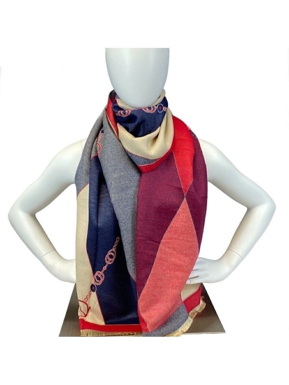 Red, Cream and Blue Fashion scarf - Picture 3 of 4